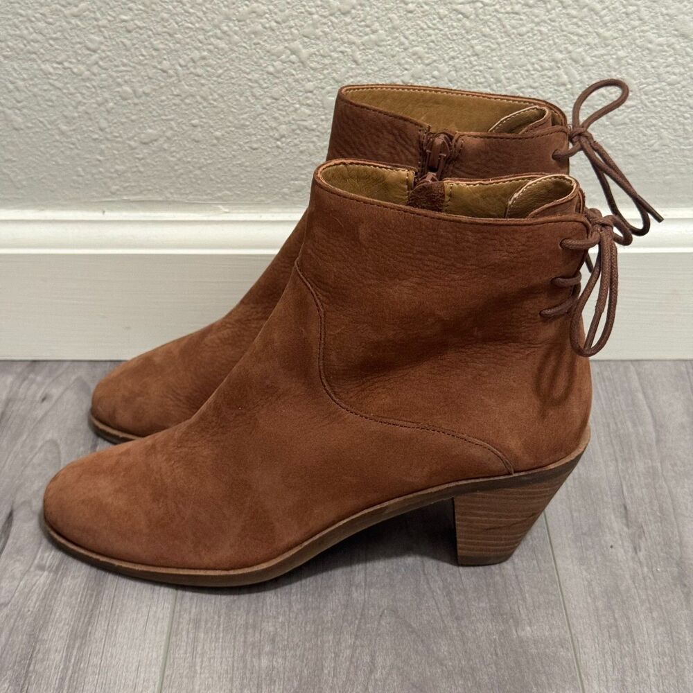 Lucky Brand Women's 6.5 Brown Suede Ankle Boots Block Heel Side Zip Lace back